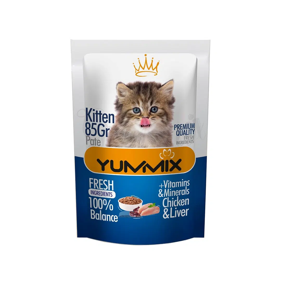 پوچ بچه گربه یامیکس (Yamix) با طعم مرغ و جگر، پاته، وزن ۸۵ گرم